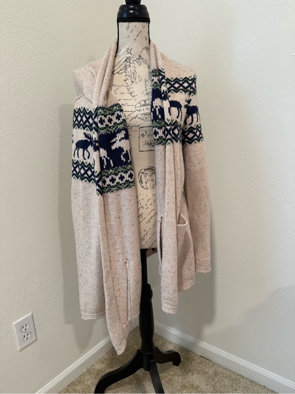 Hatley Cream Open-Front Fair Isle Cardigan with Navy and Green Accents